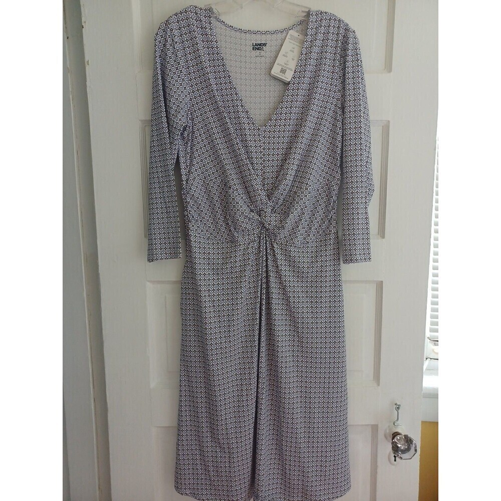 Lands' End NWT stretch knit Vneck dress S knot detail pockets comfy classic
